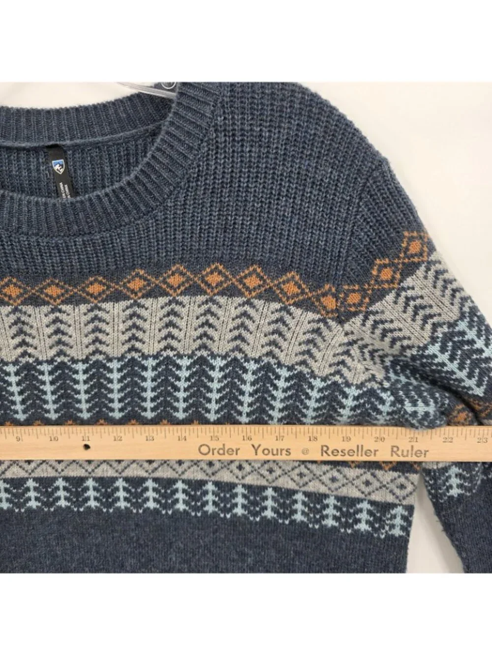 Kuhl Sweater Mens Large Blue Fair Isle Merino Wool Blend Knit Pullover Nordic